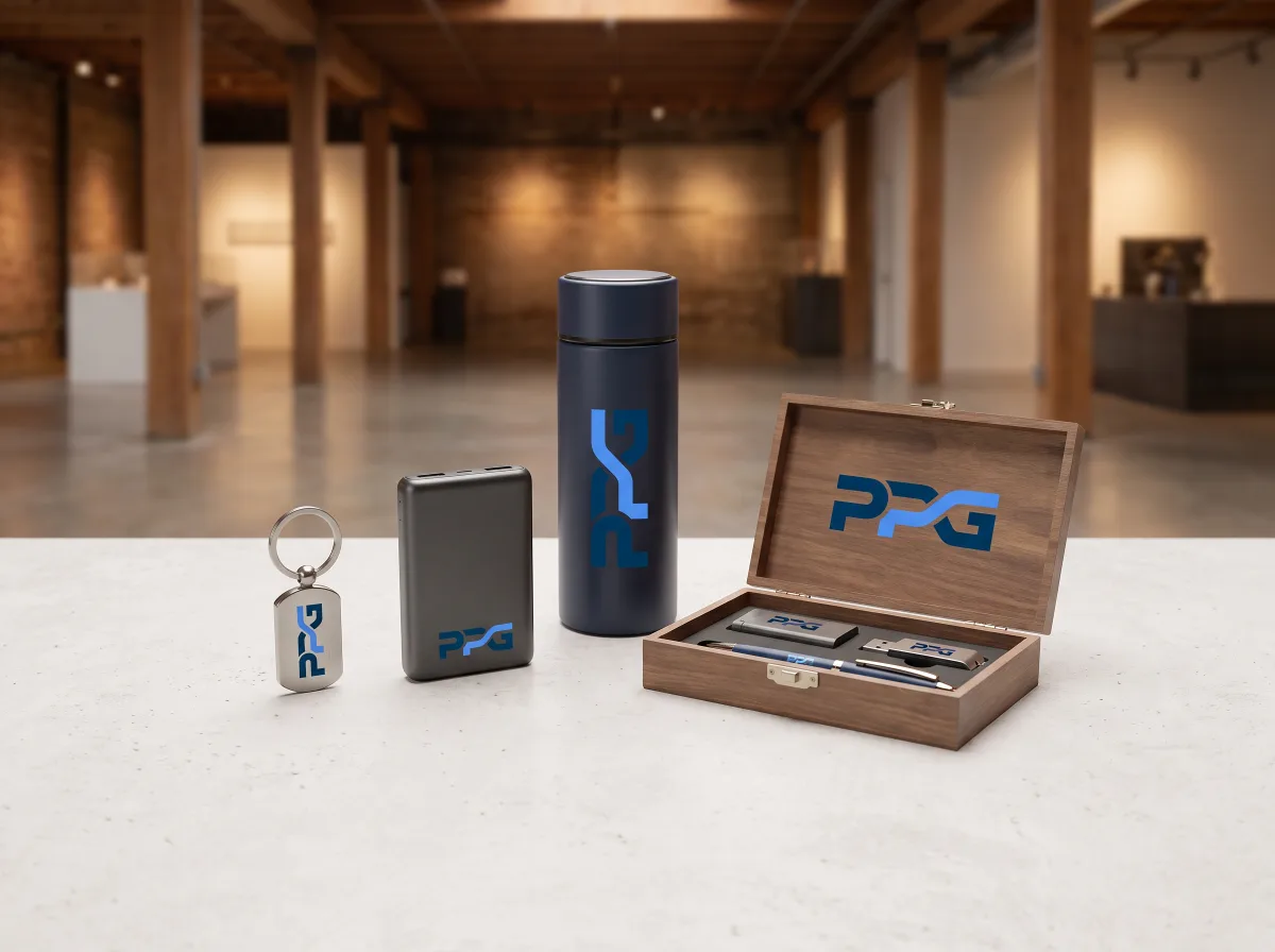 KI-Entwurf: Gravur-Artikel & Premium-Giveaways im PPG-Markenstil.