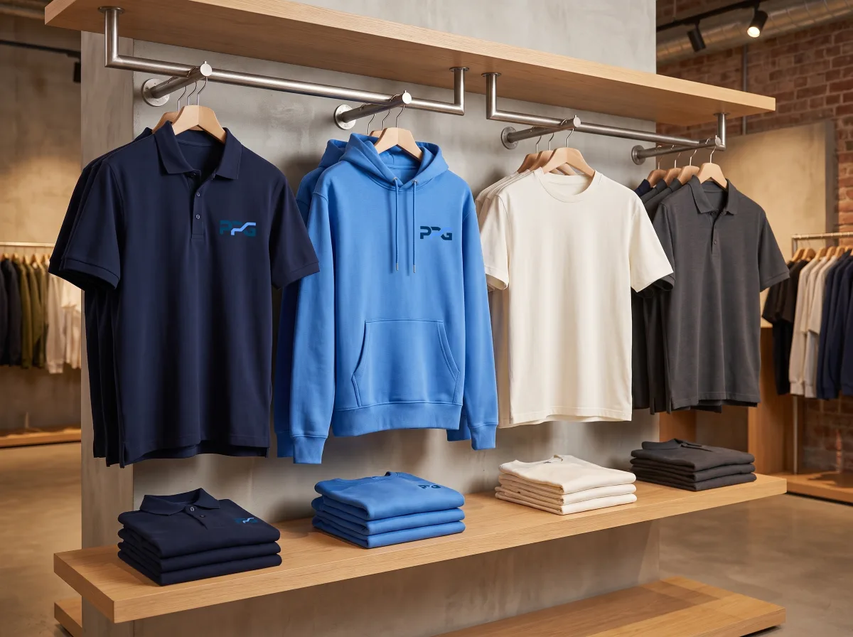 KI-Entwurf: Polos, Hoodies & T-Shirts im PPG-Markenstil.