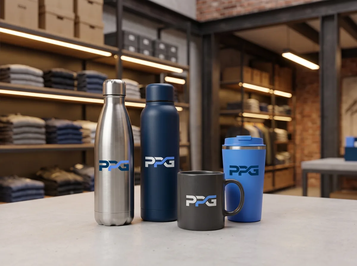 KI-Entwurf: Trinkflaschen, Tassen & Becher im PPG-Markenstil.